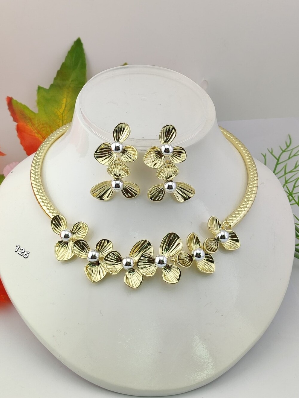Gold Floral Statement Necklace and Earring Set